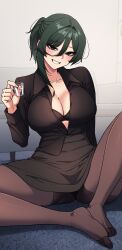1girl absurdres asymmetrical_hair black_bra black_shirt black_skirt blush bra brown_pantyhose collared_shirt commentary cup feet green_eyes green_hair highres holding holding_cup looking_at_viewer no_shoes office_lady original pantyhose pencil_skirt shirt sitting skirt smile solo sungwon symbol-only_commentary toes underwear white_mouth