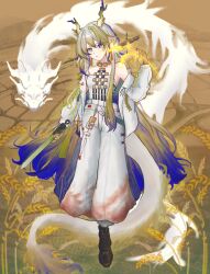 Rule 34 | 1girl, :o, arknights, bare shoulders, blonde hair, blue hair, chinese commentary, colored extremities, commentary request, dragon, dragon girl, dragon horns, dragon tail, earrings, eastern dragon, energio (lma95), floating, green eyes, grey hair, hair between eyes, hair intakes, highres, holding, holding plant, holding sword, holding weapon, horns, jacket, jewelry, light particles, long hair, long sleeves, looking down, multicolored hair, necklace, off shoulder, outdoors, pants, parted lips, plant, pointy ears, shu (arknights), solo, strapless, sword, tail, tube top, very long hair, weapon, wheat, white jacket, white pants, white tube top