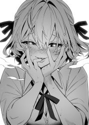 1girl absurdres blush breasts breath buttons cleavage collared_shirt finger_to_mouth giuniu hair_ribbon heart heart-shaped_pupils highres lips novel_illustration official_art otoko_girai_na_bijin_shimai_wo_namae_mo_tsugezu_ni_tasuketara_ittai_dounaru? ribbon second-party_source shinjou_aina_(otomai) shirt short_hair solo sweat symbol-shaped_pupils upper_body yandere
