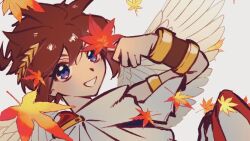 Rule 34 | 1boy, androgynous, angel, angel wings, armlet, autumn, autumn leaves, blue eyes, bracer, brown hair, feathered wings, gold armlet, grin, jewelry, kid icarus, kid icarus uprising, ko iwari ngo, laurel crown, leaf, male focus, maple leaf, nintendo, pit (kid icarus), scarf, short hair, sidelocks, smile, solo, spiked hair, white scarf, white wings, wings