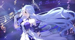 1girl absurdres bead_bracelet beads beamed_sixteenth_notes beamed_sixty-fourth_notes bird bird_on_hand bracelet closed_mouth detached_sleeves dotted_whole_note dress halo head_wings highres honkai:_star_rail honkai_(series) jewelry landscape long_hair looking_at_animal luyue music musical_note musical_staff purple_dress purple_hair purple_sleeves quarter_note robin_(honkai:_star_rail) short_sleeves sixty-fourth_note sparkle star_(sky) strapless strapless_dress treble_clef very_long_hair white_dress white_wings wings