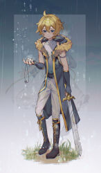 1boy 1girl ahoge alternate_costume armlet back-to-back black_footwear blonde_hair blue_eyes boots closed_mouth collarbone commentary elbow_gloves fingerless_gloves fur-trimmed_hood fur_trim gloves grass hair_between_eyes hand_up highres holding holding_jewelry holding_necklace holding_sword holding_weapon hood jewelry kagamine_len kagamine_rin knee_boots lace-up_boots looking_at_object male_focus necklace pants pendant ponytail sazanami_(ripple1996) shirt short_hair short_ponytail sleeveless sleeveless_shirt solo_focus standing sword vocaloid weapon white_pants white_shirt yellow_nails yellow_trim