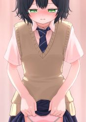 1girl backlighting black_hair blue_necktie blue_skirt blush clothes_lift collared_shirt cropped embarrassed female_focus flat_chest green_eyes half-closed_eyes highres leaning_forward lifting_own_clothes looking_down miniskirt necktie nose_blush open_mouth original panties peed_self pink_background pleated_skirt school_uniform shirt short_hair short_sleeves sidelocks simple_background skirt skirt_lift solo standing straight-on striped_necktie sweater_vest tears underwear urabe_miyabi vest wet wet_clothes wet_panties white_panties white_shirt yellow_vest