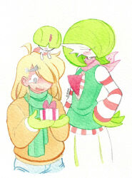1boy 2girls blonde_hair bob_cut bowl_cut clothed_pokemon creatures_(company) game_freak gardevoir gen_3_pokemon gloves green_gloves green_hair green_scarf hair_over_eyes hair_over_one_eye highres long_hair multiple_girls nintendo on_head pink_scarf pokemon pokemon_(creature) pokemon_on_head ralts scarf signature simple_background superiordutchsauce traditional_media white_background