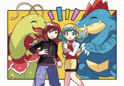 1boy 1girl :o ^_^ anidler91 black_jacket blue_eyes blue_hair blue_pants blush border claws closed_eyes commentary_request fangs feet_out_of_frame feraligatr flower game_freak gen_2_pokemon grey_eyes highres jacket knees_together_feet_apart kris_(pokemon) long_hair long_sleeves meganium nintendo notice_lines open_clothes open_jacket open_mouth outside_border own_hands_together pants pokemon pokemon_(creature) pokemon_gsc red_hair red_shirt shirt shorts silver_(pokemon) sweatdrop twintails white_jacket yellow_background yellow_shorts