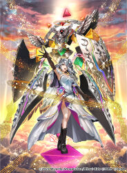 1girl above_clouds absurdres arm_up black_boots black_gloves boots breasts cleavage cloud copyright_notice dress duel_masters duel_masters_play&#039;s elbow_gloves full_body gloves gradient_clothes gradient_sky grey_hair highres large_breasts looking_at_viewer monster official_art open_mouth orange_sky outstretched_arm rainbow_gradient shield sky sparkle standing strapless strapless_dress teeth tetrapod_(youhei_1985) veil wedding_(duel_masters) white_dress yellow_eyes