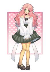 1girl black_bow black_choker black_outline bow brown_sandals choker collarbone dress freckles frilled_shirt frilled_skirt frills full_body green_eyes green_skirt hair_bow hair_ornament hairclip highres long_hair long_sleeves looking_at_viewer momone_momo open_mouth outline puffy_long_sleeves puffy_sleeves sandals shirt sidelocks signature skirt smile solo sparkle teeth thick_outlines treebarkagain upper_body upper_teeth_only utau very_long_hair white_bow white_shirt