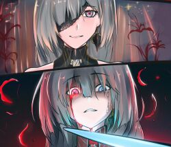 Rule 34 | 1girl, blood, bloody tears, commentary, crying, crying with eyes open, earrings, english commentary, grey hair, heterochromia, highres, jewelry, long hair, looking at viewer, one eye covered, parted lips, phrolova (wuthering waves), red eyes, smile, split theme, tears, vizorya, wuthering waves