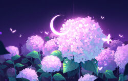 artist_name blurry bug butterfly crescent_moon flower glowing glowing_butterfly huhv. hydrangea insect leaf moon night night_sky no_humans original outdoors plant purple_sky purple_theme scenery sky watermark