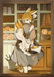 1girl animal_ears apron baguette basket black_eyes bread brown_hair bucket cheese doily dress flower food furry gradient_hair highres holding holding_basket jar jug_(bottle) loaf_of_bread multicolored_hair original rabbit rabbit_ears rabbit_girl sakutake_(ue3sayu) shelf smile solo standing standing_on_one_leg striped_clothes striped_dress white_apron white_flower white_hair