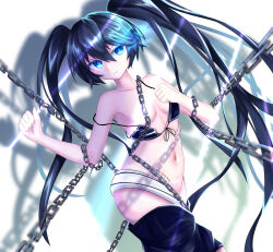 Rule 34 | 1girl, belt, bikini, black hair, black rock shooter, black rock shooter (character), black shorts, blue eyes, chain, flaming eye, long hair, no shirt, scar, shorts, solo, swimsuit, tokyo (1421), twintails, uneven twintails