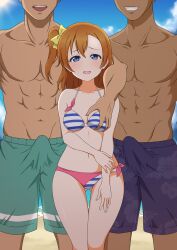 1girl 2boys abs absurdres asymmetrical_bangs bare_arms bare_shoulders beach bikini blue_bikini blue_eyes blue_shorts blue_sky bow breasts brown_hair bulge collarbone day erection erection_under_clothes faceless faceless_male feet_out_of_frame floral_print furrowed_brow gluteal_fold grabbing_another&#039;s_breast grabbing_from_behind green_shorts grin groping hair_between_eyes hair_bow half-closed_eyes halterneck hand_on_own_arm height_difference hetero highres kosaka_honoka light_blush looking_at_viewer love_live! love_live!_school_idol_project medium_breasts multicolored_bikini multiple_boys muscular muscular_male navel nervous_smile one_side_up open_mouth outdoors pink_bikini shorts side-tie_bikini_bottom sky smile solo_focus standing straight-on string_bikini striped_bikini striped_clothes sun swimsuit thigh_gap topless_male usazirou539 white_bikini yellow_bow