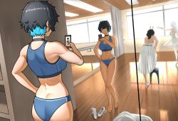 3girls ass athletic_leotard ballet ballet_slippers barefoot black_hair blue_hair blue_panties blue_sports_bra breasts brown_hair cleavage closed_mouth dancing dressing from_behind from_side full_body hand_on_own_hip highres holding holding_phone large_breasts leotard long_hair mirror_selfie multicolored_hair multiple_girls navel original panties pantyhose phone sedai short_hair smile sports_bra stomach stool toes two-tone_hair underwear white_hair