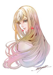 1girl aosuna artist_name blonde_hair blue_eyes closed_mouth commentary cropped_torso earrings from_side gigi_andalusia gundam gundam_hathaway&#039;s_flash highres jewelry long_hair looking_at_viewer looking_back signature simple_background smile solo triangle_earrings upper_body white_background