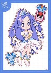 Rule 34 | 1girl, bare legs, blue border, blue brooch, blue dress, blue gemstone, blue hat, boots, border, bracelet, brooch, cellphone, choker, clenched hands, closed mouth, crossed arms, cure diamond, curly hair, deformed, diamond (gemstone), dokidoki! precure, dot nose, dotted line, dress, eyelashes, feather-trimmed dress, forehead, frilled dress, frilled sleeves, frills, full body, gem, gold bracelet, grid background, happy, hat, heart, heart brooch, high heel boots, high heels, high ponytail, highres, hishikawa rikka, jewelry, lace-trimmed headwear, lace trim, long hair, magical girl, medium dress, mini hat, miniskirt, outline, phone, ponytail, precure, puffy short sleeves, puffy sleeves, purple eyes, purple hair, rakeru (dokidoki! precure), short sleeves, signature, skirt, skirt under dress, smartphone, smile, square neckline, standing, uwded 207, very long hair, white background, white boots, white outline, white skirt, white sleeves, yellow choker