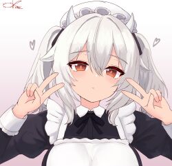 1girl :t alternate_costume animal_ears apron black_dress blush breasts brown_eyes closed_mouth cow_ears cow_girl cow_horns double_v dress gradient_background hair_between_eyes hands_up hat heart highres horns juliet_sleeves kani_language large_breasts long_hair long_sleeves looking_at_viewer maid maid_apron maid_headdress milltina_(vrchat) mob_cap pout puffy_sleeves signature simple_background solo twintails upper_body v vrchat white_apron white_background white_hair white_horns