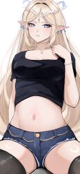 1girl absurdres arm_behind_back black_thighhighs blonde_hair blunt_bangs breasts cartethyia_(wuthering_waves) cleavage cowboy_shot crop_top crown crown_of_thorns ear_piercing earrings elf eyebrows_hidden_by_hair highres jewelry kisagii long_hair looking_at_viewer medium_breasts midriff navel necktie parted_bangs piercing pointy_ears purple_eyes sitting solo tacet_mark_(wuthering_waves) teeth thighhighs thighs very_long_hair white_background wuthering_waves