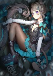 1girl absurdres animal_ears aqua_bow argyle_background black_boots black_dress black_gloves black_hat black_pantyhose boots bow breasts cat_ears cat_girl cat_tail closed_mouth dress facial_mark from_side full_body genshin_impact gloves grey_background grey_hair hat highres holding holding_unworn_clothes holding_unworn_hat knees_to_chest knees_up long_hair low_ponytail lynette_(genshin_impact) no_bra pantyhose plunging_neckline ponytail purple_eyes short_dress shrug_(clothing) small_breasts solo star_(symbol) star_facial_mark tail two-tone_gloves unworn_hat unworn_headwear vignetting white_gloves white_shrug youzha_ligui