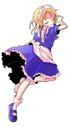 1girl alphes_(style) apron arm_at_side ascot bare_arms blonde_hair blue_shoes bobby_socks closed_eyes closed_mouth commentary_request dairi dress frilled_dress frills full_body highres large_variant_set maid maid_headdress mary_janes mugetsu_(touhou) parody puffy_short_sleeves puffy_sleeves red_ascot shoes short_hair short_sleeves socks solo style_parody sweatdrop touhou touhou_(pc-98) transparent_background variant_set waist_apron white_apron white_socks