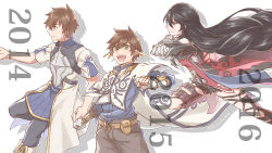1girl 2014 2015 2016 2boys :d bandaged_arm bandages black_hair black_shorts black_thighhighs blue_shirt blue_tunic brown_eyes brown_hair cape closed_mouth dress_shirt fingerless_gloves floating_hair gloves green_eyes grey_pants highres leg_up long_hair mishiro_(andante) multiple_boys open_mouth pants profile red_shirt running shirt short_hair short_shorts shorts smile sorey_(tales) tales_of_(series) tales_of_berseria tales_of_hearts tales_of_zestiria thighhighs torn_clothes torn_thighhighs tunic velvet_crowe very_long_hair white_cape white_gloves