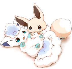 alolan_form alolan_vulpix alternate_color animal_focus aqua_eyes artist_name blue_eyes blush blush_stickers eevee gen_1_pokemon gen_7_pokemon highres lying mimix nintendo no_humans on_back pokemon pokemon_(creature) shadow shiny_pokemon smile