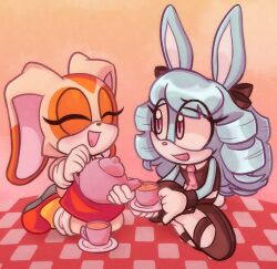 2girls animal_ears anya_the_rabbit blue_fur blue_hair brown_dress brown_shoes cream_the_rabbit cup dress furry furry_female gloves highres holding holding_cup holding_saucer holding_teapot looking_at_another multicolored_shoes multiple_girls necktie open_mouth orange_shoes original pink_eyes pink_necktie rabbit_ears rabbit_girl ringlets saucer shoes sleeveless sleeveless_dress sonic_(series) taikko teapot thighhighs two-tone_shoes white_gloves white_thighhighs