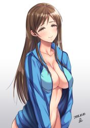 1girl blue_jacket blush breasts brown_eyes brown_hair cleavage closed_mouth coat collarbone dated female_focus gradient_background highres hip_focus idolmaster idolmaster_cinderella_girls jacket large_breasts long_hair looking_at_viewer naked_coat navel nitta_minami smile solo swept_bangs white_background yoohi