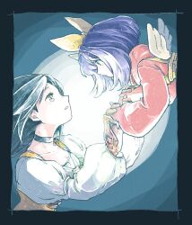 2girls black_border black_choker black_hair blue_hair bodysuit border bow breasts brown_eyes choker cleavage eiko_carol final_fantasy final_fantasy_ix garnet_til_alexandros_xvii green_eyes hair_bow holding_hands horns interlocked_fingers juliet_sleeves long_hair long_sleeves medium_breasts medium_hair michibata_65 mini_wings multiple_girls orange_bodysuit overalls parted_bangs parted_lips puffy_long_sleeves puffy_sleeves red_sweater shirt single_horn sweater upper_body white_shirt wings yellow_bow yellow_overalls