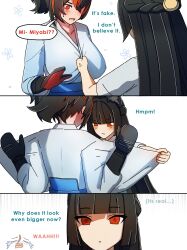 2girls absurdres angry animal_ears black_hair blank_stare blush breast_envy breasts commentary dorahdew english_commentary fox_ears fox_girl gloves highres hoshimi_miyabi large_breasts long_hair looking_at_breasts meme multicolored_hair multiple_girls ponytail red_eyes red_hair simple_background white_background zenless_zone_zero zhu_yuan
