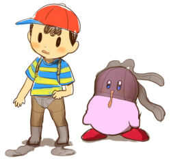 backpack bag bare_legs black_hair blush bone_(artist) bonelove child colored_skin crossdressing crossover elementary_schoolboy hal_laboratory hat kirby kirby_(series) legs makiko_ohmoto male_underwear mother_(series) mother_2 ness_(mother_2) nintendo pants pantyhose pink_skin shirt shoes shota socks squishing striped_clothes striped_shirt super_smash_bros. sweatdrop tight_clothes tight_pants underwear white_male_underwear white_socks
