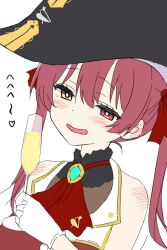 Rule 34 | 1girl, alcohol, arrow (projectile), arrow through heart, bare shoulders, bicorne, black hat, blush, brown leotard, champagne, champagne flute, commentary request, cup, drinking glass, gloves, hair between eyes, hair ribbon, half-closed eyes, hat, heart, highres, holding, holding cup, hololive, houshou marine, houshou marine (1st costume), jacket, kiritoma, leotard, leotard under clothes, open mouth, red eyes, red hair, red jacket, red ribbon, ribbon, simple background, sleeveless, sleeveless jacket, smile, solo, translation request, twintails, upper body, virtual youtuber, white background, white gloves, yellow eyes