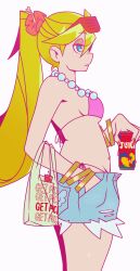absurdres bikini bikini_top_only blonde_hair blue_eyes blue_shorts breasts chmidobaaaaaa closed_mouth eyewear_on_head flower from_side hair_flower hair_ornament highres jewelry long_hair medium_breasts navel necklace panty_&amp;_stocking_with_garterbelt panty_(psg) pearl_necklace ponytail profile short_shorts shorts swimsuit