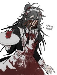 1boy alternate_costume apron bags_under_eyes bandaged_arm bandaged_hand bandaged_neck bandages black_dress black_eyes black_hair black_nails blood blood_on_clothes blood_on_hands blood_splatter bloody_bandages bow bowtie chinese_commentary chinese_text coin coin_mask covered_mouth crossdressing cup dao_gui_yi_xian dress drink drinking_glass enmaided frilled_apron frills hair_between_eyes hair_bun highres holding holding_tray holed_coin juliet_sleeves li_huowang long_hair long_sleeves looking_at_viewer maid maid_apron maid_headdress male_focus mask messy_hair mouth_veil nail_polish puffy_sleeves red_bow red_bowtie simple_background single_hair_bun solo trap tray veil white_apron white_background wrist_cuffs wuzi3742
