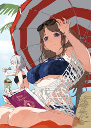 2girls absurdres bang_dream! bang_dream!_it&#039;s_mygo!!!!! bikini black_bikini blue_bikini breasts brown_hair commentary eating eyewear_lift highres kaname_raana large_breasts long_hair matcha_parfait multiple_girls nagasaki_soyo open_mouth outdoors parasol rainbow_hose short_hair small_breasts swimsuit symbol-only_commentary umbrella underboob white_hair