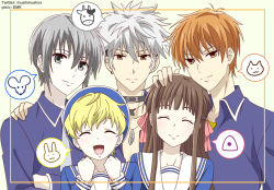 1girl 5boys amyemk black_hair blonde_hair border brown_eyes brown_hair facing_viewer fruits_basket green_eyes grey_hair heart honda_tooru long_hair looking_at_viewer multicolored_hair multiple_boys orange_eyes orange_hair pixiv_username short_hair sohma_hatsuharu sohma_kyou sohma_momiji sohma_yuki twitter_username white_background yellow_border