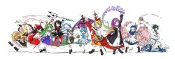 1boy 6+girls absurdres anchor anchor_symbol angry animal animal_ear_fluff animal_ears animal_print apron arm_up arrow_(symbol) ascot asymmetrical_wings bare_shoulders basket bishamonten&#039;s_pagoda bishamonten&#039;s_spear black_boots black_dress black_eyes black_hair black_hat black_shoes black_skirt black_thighhighs black_vest blonde_hair bloomers blue_capelet blue_collar blue_eyes blue_hair blue_shoes blue_skirt blue_vest boots bow bowtie breasts broom broom_riding brown_apron brown_hair brown_shoes buddhist_nun cape capelet center_cross_lace chakram clenched_hand cloud collar collared_dress collared_shirt commentary_request cross-laced_clothes cross-laced_dress cross-laced_sleeves curly_hair detached_sleeves dowsing_rod dress facial_hair floating frilled_bloomers frilled_dress frilled_hair_tubes frilled_pants frilled_shirt frilled_shirt_collar frilled_skirt frilled_sleeves frills frog_hair_ornament from_side full_body geta gohei gradient_hair green_collar green_eyes green_hair green_sailor_collar grey_eyes grey_hair hagoromo hair_bow hair_ornament hair_tubes hakurei_reimu hand_on_own_hip hand_up happy hat hetero highres hijiri_byakuren holding holding_basket holding_gohei holding_ladder holding_polearm holding_rod holding_scroll holding_umbrella holding_weapon holding_with_tail hood hooded_capelet houjuu_nue index_finger_raised jewelry juliet_sleeves karakasa_obake kirisame_marisa kochiya_sanae kumoi_ichirin lace-up_boots ladder layered_clothes layered_dress loafers long_dress long_hair long_sleeves looking_at_viewer lotus_hair_ornament medium_hair mouse_ears mouse_girl mouse_tail multicolored_dress multicolored_hair multiple_girls murasa_minamitsu mustache nazrin neckerchief necklace nun ofuda one_eye_closed open_mouth orange_dress orb pagoda pants parted_bangs patterned patterned_clothing pendulum polearm prehensile_tail print_skirt puffy_long_sleeves puffy_sleeves purple_hair red_bow red_bowtie red_cape red_dress red_eyes red_neckerchief red_shirt red_shoes red_skirt ribbon-trimmed_sleeves ribbon_trim rod sailor sailor_collar sailor_hat sailor_shirt sandals scroll shawl shide shirt shoes short_hair short_sleeves shorts signature simple_background single_hair_tube single_sidelock sitting skirt skirt_set sleeveless sleeveless_shirt sleeves_past_wrists smile snake snake_hair_ornament socks solo sorcerer&#039;s_sutra_scroll spear standing standing_on_one_leg star_(symbol) streaked_hair swept_bangs tail tatara_kogasa tatara_kogasa_(umbrella) thighhighs tiger_girl tiger_print tiger_skin tongue tongue_out toramaru_shou touhou trident turtleneck turtleneck_dress ufo umbrella undefined_fantastic_object underwear unzan veil very_long_hair vest water waves wavy_hair weapon white_background white_bloomers white_dress white_hat white_pants white_shirt white_sleeves white_socks wide_sleeves wings witch_hat wristband yellow_ascot yellow_eyes yin_yang yin_yang_orb yoiy_san