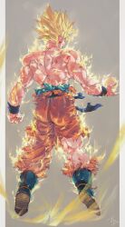 Rule 34 | 1boy, absurdres, aura, battle damage, blonde hair, blue boots, boots, clenched hand, dragon ball, dragonball z, from behind, green eyes, grey background, highres, looking at viewer, looking back, male focus, medium hair, muscular, muscular male, orange pants, ota ta999, pants, simple background, solo, son goku, spiked hair, super saiyan, super saiyan 1, topless male, torn clothes, torn pants