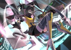 1girl absurdres black_gloves black_hair black_shorts duel_monster fingerless_gloves gloves green_eyes high_ponytail highres kunai medium_hair midair multicolored_hair ponytail rerererere3939 s-force_rappa_chiyomaru s:p_little_knight shirt shorts solo two-tone_hair weapon yellow_shirt yu-gi-oh!