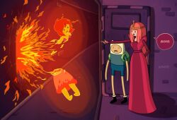 1boy 2girls adventure_time arm_behind_back artist_name backpack bag chainsaw_man colored_skin commentary death dress english_text fiery_hair finn_the_human fire flame_princess forehead_jewel full_body green_bag hashtag-only_commentary highres hood indoors long_dress long_hair multiple_girls orange_hair orange_skin parody pink_dress pink_hair pink_skin princess_bonnibel_bubblegum rivensner scene_reference speech_bubble standing tiara toon_(style)