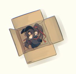1boy ahoge animal_ears artist_name black_boots black_hair black_hanfu boots box cardboard_box chibi chibi_only chinese_clothes closed_eyes commentary english_commentary fetal_position from_above hair_ribbon hanfu hat highres in_box in_container kemonomimi_mode long_hair long_sleeves lying male_focus minataka94 modao_zushi on_back ponytail rabbit_boy rabbit_ears rabbit_tail red_ribbon ribbon robe sleeping solo tail wei_wuxian white_background wide_sleeves