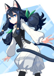 Rule 34 | 1girl, animal ear fluff, animal ears, black pantyhose, black vest, blue eyes, bow, cat ears, cat girl, cat tail, closed mouth, clothing cutout, commentary request, cowboy shot, frilled shorts, frills, green bow, hair between eyes, hair bow, highres, long hair, long sleeves, low-tied sidelocks, original, pantyhose, puffy long sleeves, puffy sleeves, shirt, shorts, sidelocks, solo, tail, tail through clothes, usalxlusa, vest, white shirt, white shorts