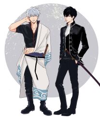 2boys absurdres arm_out_of_sleeve arm_up belt black_belt black_hair black_jacket black_pants black_shirt black_shoes cigarette closed_mouth collarbone collared_shirt commentary_request contrapposto full_body ghqjyu gintama grey_trim hadanugi_dousa hands_in_pockets highres hijikata_toushirou jacket long_sleeves looking_ahead looking_to_the_side male_focus multiple_boys open_collar open_kimono pants popped_collar red_trim sakata_gintoki shinsengumi shirt shoes short_sleeves sideways_glance sleeve_cuffs smile sword weapon wing_collar