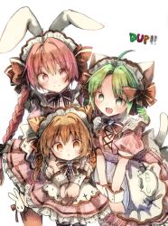 3girls ahoge alternate_costume animal_ears bow braid brown_bow brown_eyes dejiko di_gi_charat dress fake_animal_ears green_eyes green_hair highres hug hug_from_behind multiple_girls no_nose open_mouth pink_dress puchiko rabbit_ears smile twin_braids usada_hikaru wadante waitress white_background