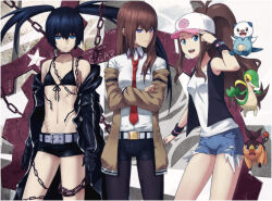 3girls baseball_cap belt bikini black_coat black_hair black_pantyhose black_rock_shooter black_rock_shooter_(character) black_shorts blue_eyes brown_hair brown_jacket chain coat cutoffs denim denim_shorts gen_5_pokemon hat high_ponytail hilda_(pokemon) jacket makise_kurisu multiple_girls necktie nintendo open_clothes open_coat oshawott pantyhose pantyhose_under_shorts pokemon pokemon_bw ponytail red_necktie ringed_eyes scar shorts snivy starter_pokemon_trio steins;gate swimsuit tepig twintails uneven_twintails yara_kami_meiosei