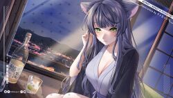 1girl alcohol bottle breasts carrot_(robosquat) character_request cleavage commission couch cup drinking_glass grabbing_own_hair green_eyes japanese_clothes kimono large_breasts looking_at_viewer night on_couch sitting smile solo upper_body virtual_youtuber white_kimono window