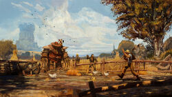 4boys absurdres ankle_boots bird blue_sky boots brown_footwear brown_pants building carrying chicken cloud commentary crate day easel english_commentary fence field from_side golem hat highres horizon in-universe_location lionel_schramm multiple_boys outdoors painterly pants pumpkin realistic sack scenery sheaf shirt simple_bird sky straw_hat tower tree walking warcraft waving wheat_field wheel white_shirt wooden_fence world_of_warcraft