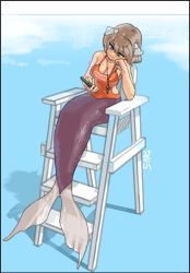 Rule 34 | 1girl, absurdres, blue eyes, bored, breasts, brown hair, cellphone, chair, cleavage, collarbone, fins, fish tail, hair ornament, head on hand, highres, lifeguard, lifeguard chair, medium breasts, mermaid, monster girl, noyemik, one-piece swimsuit, original, phone, red one-piece swimsuit, shell hair ornament, short hair, signature, simple background, solo, swimsuit, tail, whistle