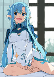Rule 34 | 1girl, asuna (sao), asuna (sao-alo), blue eyes, blue hair, bottomless, breasts, capelet, covering crotch, covering privates, elf, highres, long hair, looking at viewer, medium breasts, open mouth, pointy ears, shikei, sitting, solo, sword art online