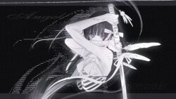 1girl ame_(amelovelio) black_background black_hair blood blood_on_face blunt_bangs bra corset_piercing cracked_skin english_text expressionless feathers glitch grey_eyes hair_ribbon highres holding holding_sword holding_weapon injury long_hair looking_at_viewer original ribbon ribs scar sidelocks skeleton solo sword underwear weapon white_feathers