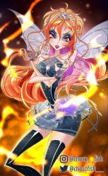 1girl alternate_costume bad_id bad_twitter_id black_eyeliner black_nails black_thighhighs bloom_(winx_club) blue_dress braid brown_hair chest_jewel chocofish commentary crossed_arms dark_bloom_(winx_club) dress english_commentary evil_smile eyeliner eyeshadow fairy fairy_wings fangs feet_out_of_frame fiery_background fingerless_gloves fingernails fire fishnet_gloves fishnets gem glitter gloves grey_gloves grey_wings halter_dress halterneck highres instagram_username light_particles lipstick long_hair magical_girl makeup multicolored_hair nail_polish open_mouth orange_background orange_eyes orange_hair outline purple_eyeshadow purple_gemstone pyrokinesis red_lips sharp_fingernails short_dress side_slit slit_pupils smile solo streaked_hair thighhighs tiara transparent_wings twin_braids twitter_username two-tone_hair very_long_hair watermark white_outline wings winx_club